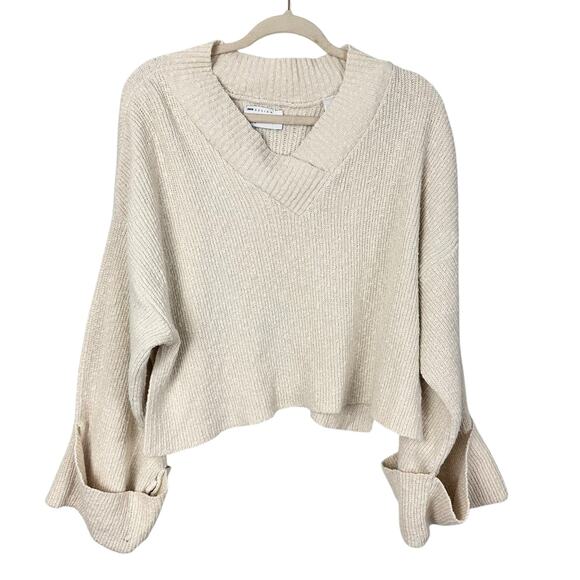 ASOS Ecru Knit Boxy Drop Sleeve Ribbed Long Crop Sweater Cotton Blend Size 4 - Picture 3 of 9